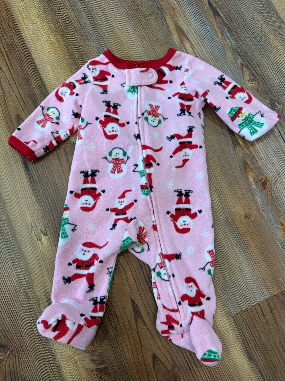 Carters Newborn Pink Holiday Santa & Snowman Fleece One-Piece for Kids